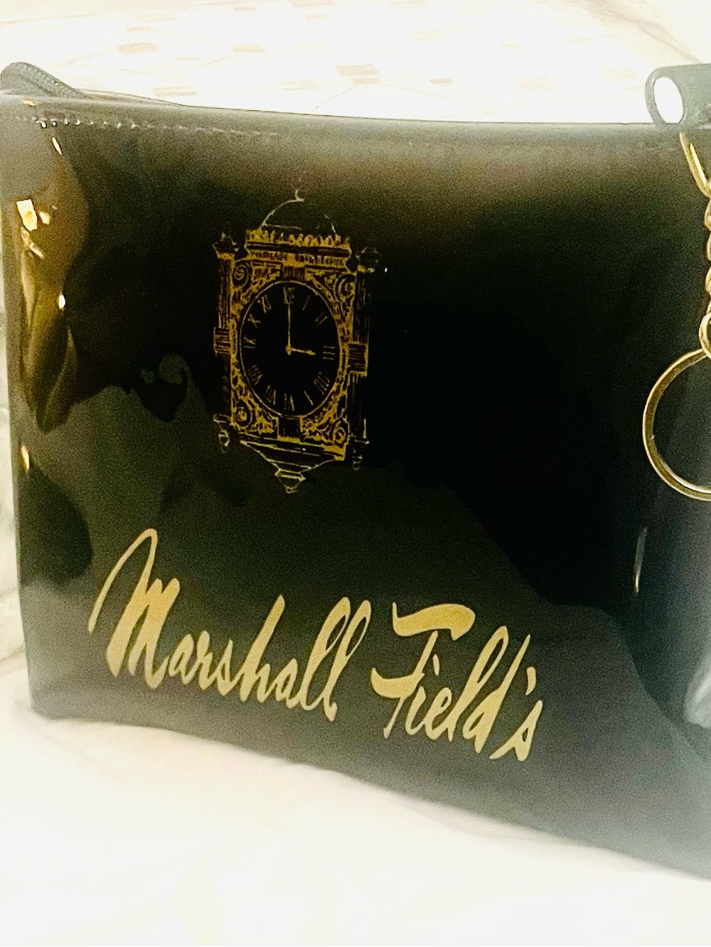 Marshall Field's Black Patent Wristlet with Gold Script